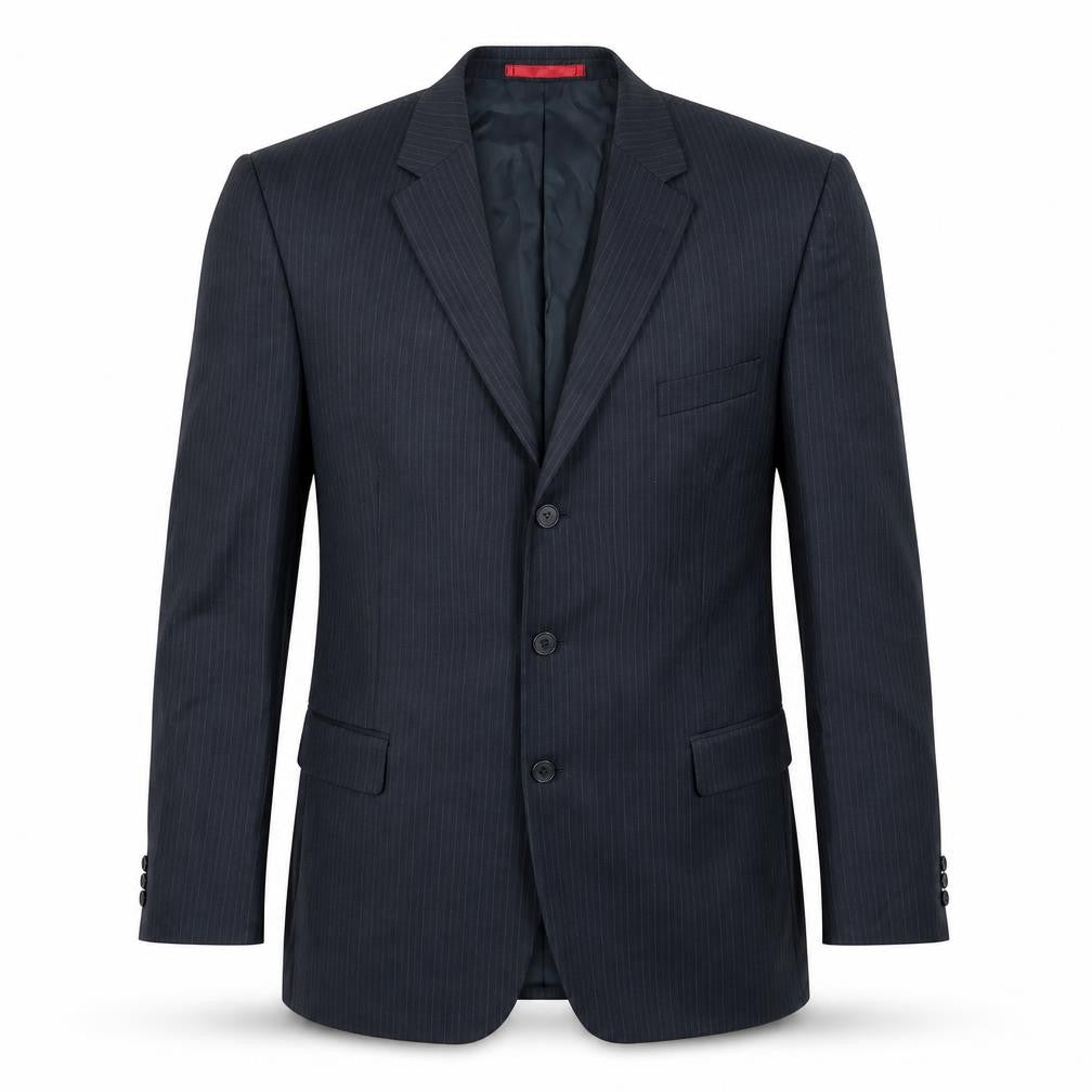 Front view of Burton men’s black striped polyester jacket suit jacket, size 46, regular