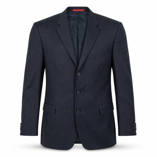 Front view of Burton men’s black striped polyester jacket suit jacket, size 46, regular
