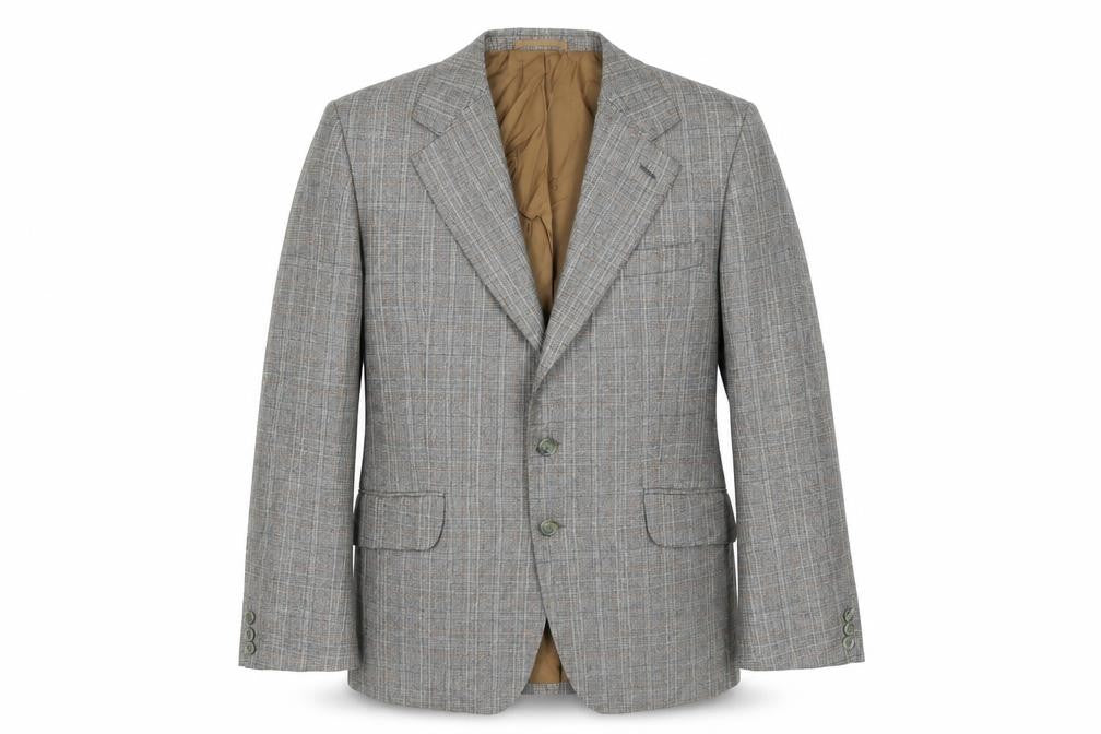 Front view of John Weitz men’s grey plaid viscose jacket blazer, size 42, regular