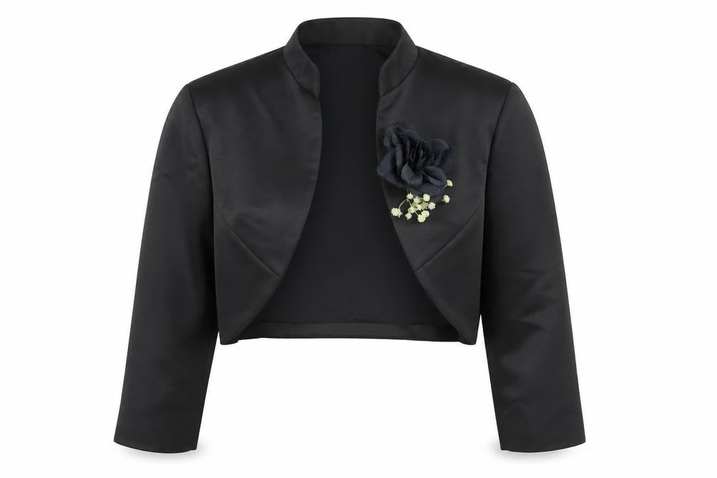 Front view of Debut women’s black jacket blazer, size UK 12, - flower detail