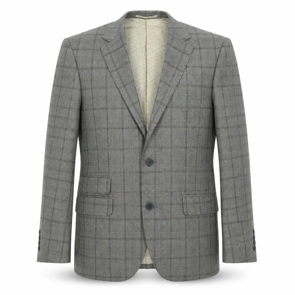 Front view of Skopes men’s grey plaid wool jacket blazer, size 38, regular