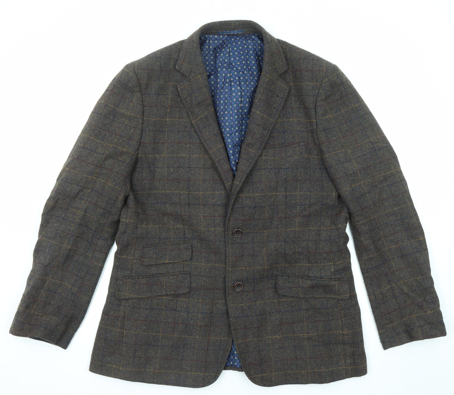 Harvey & Jones Mens Green Check Polyester Jacket Blazer Size 44 Regular - Elbow Patches