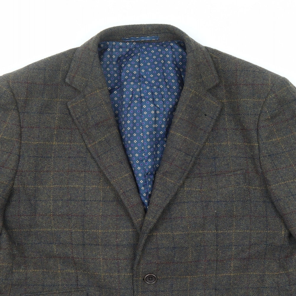 Harvey & Jones Mens Green Check Polyester Jacket Blazer Size 44 Regular - Elbow Patches
