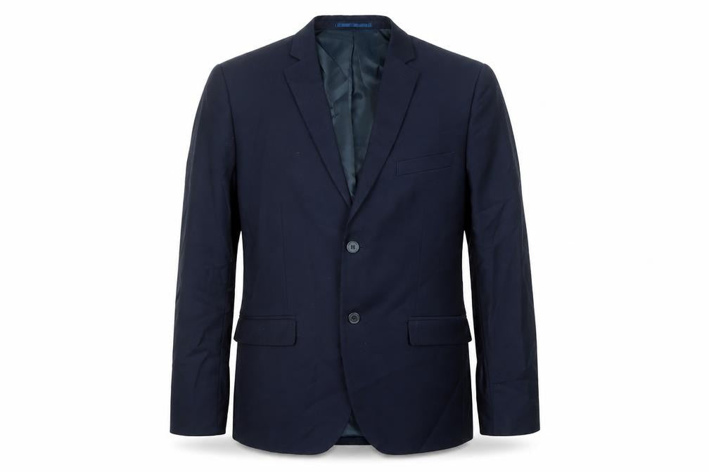 Front view of H&M men’s blue polyester jacket suit jacket, size 50, regular