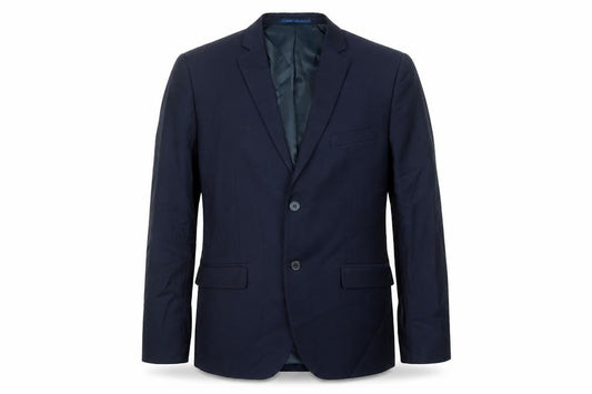 Front view of H&M men’s blue polyester jacket suit jacket, size 50, regular