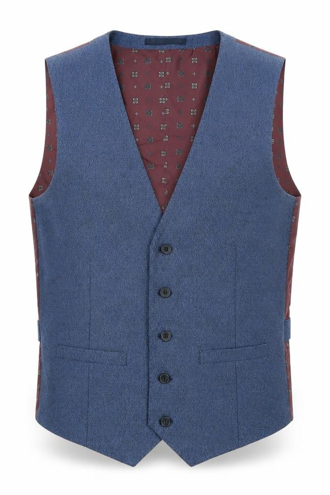 Front view of Burton men’s blue geometric polyester jacket suit waistcoat, size 38, regular
