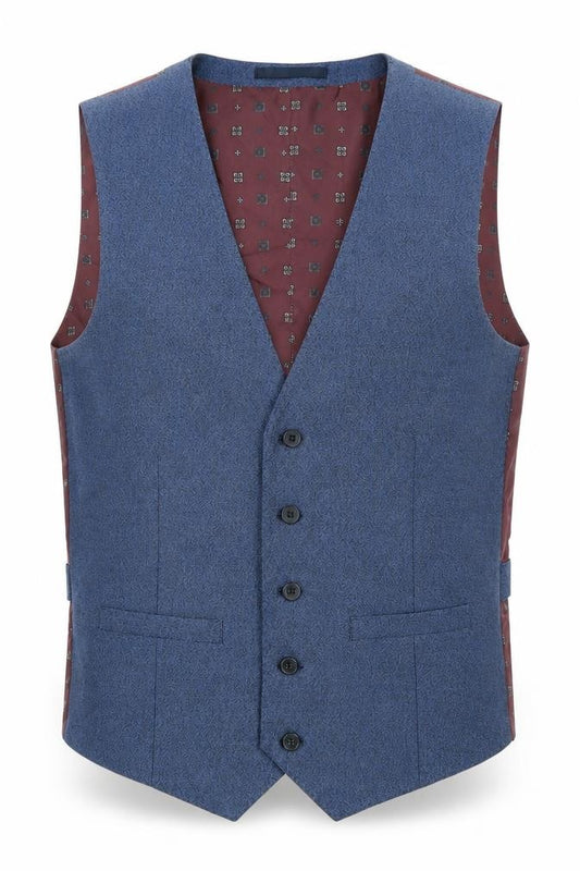 Front view of Burton men’s blue geometric polyester jacket suit waistcoat, size 38, regular