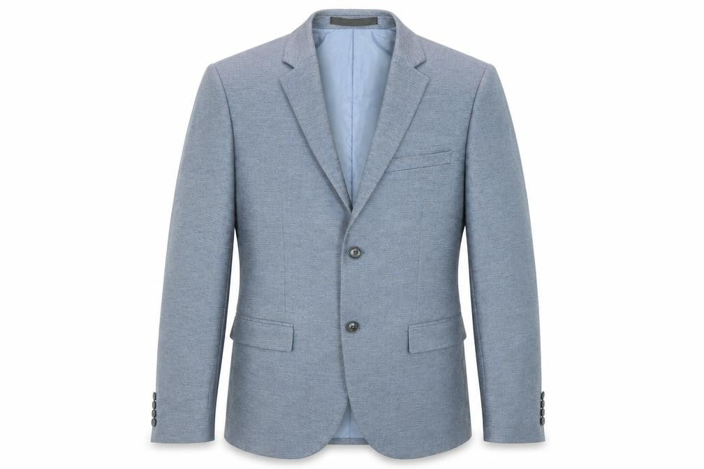 Front view of Topman men’s blue polyester jacket suit, size 38, regular