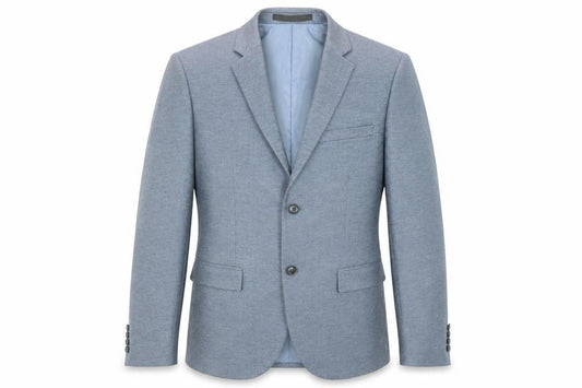 Front view of Topman men’s blue polyester jacket suit, size 38, regular