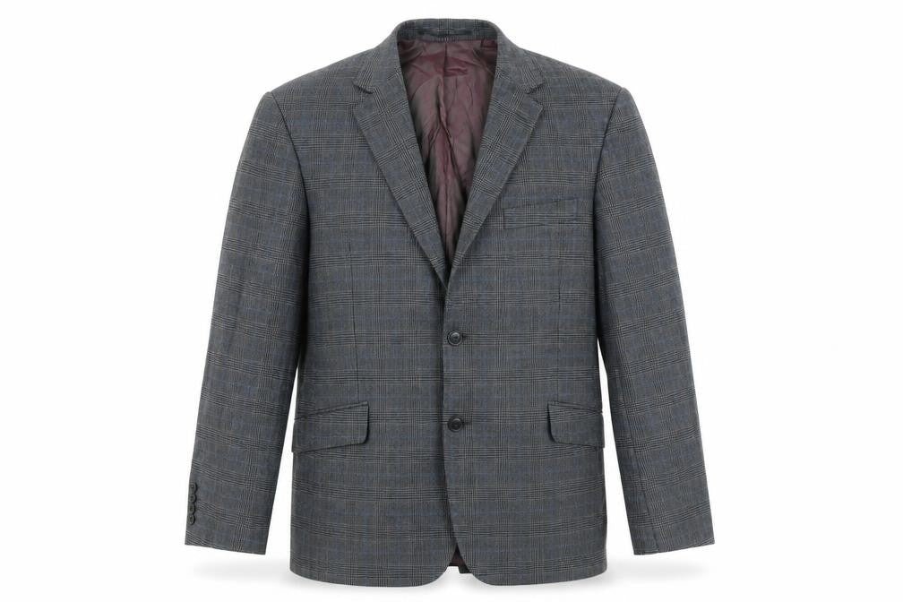 Front view of John Lewis men’s grey plaid wool jacket suit jacket, size 42, regular