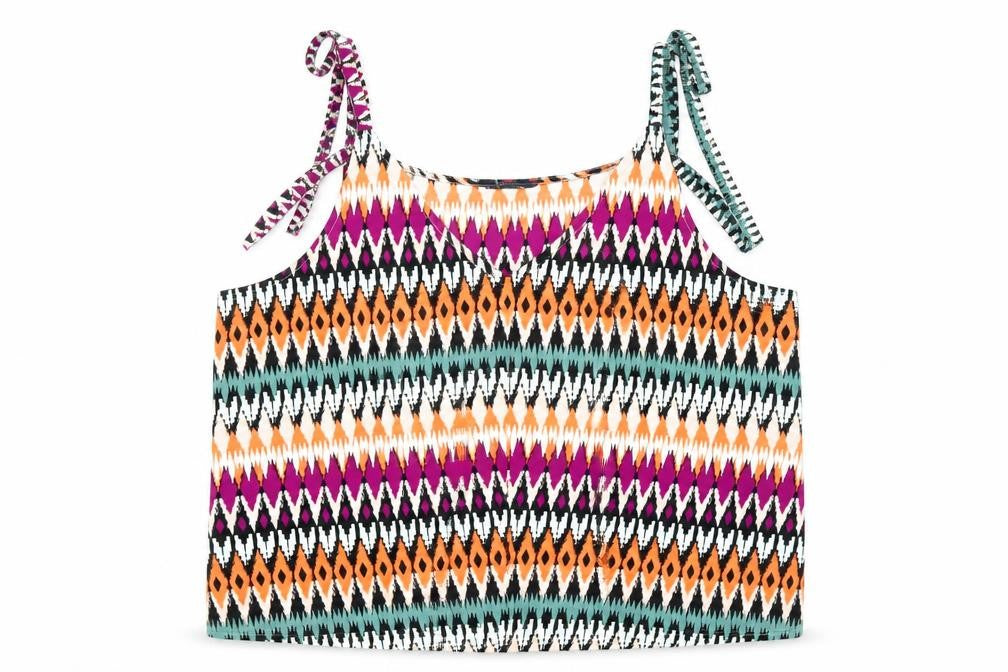 Front view of Marks & Spencer women’s multicoloured geometric polyester basic tank, size UK 10, v-neck