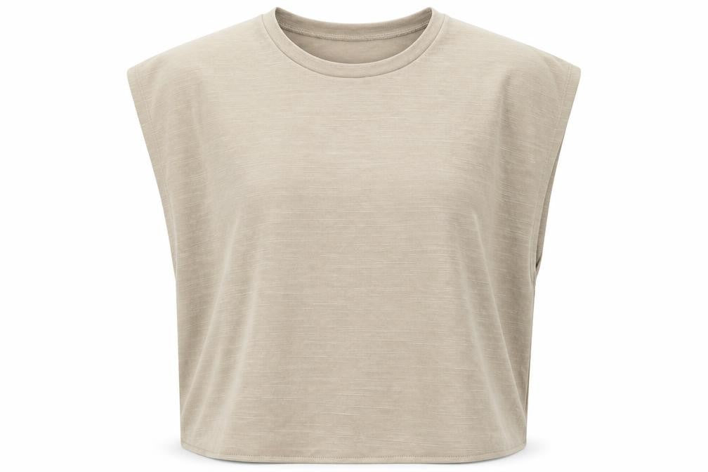 Front view of Zara women’s beige cotton basic t-shirt, size S, crew neck