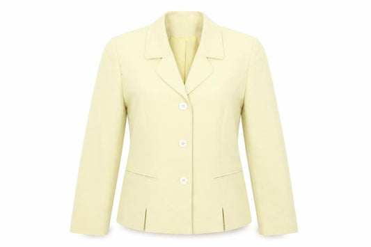 Front view of Anne Brooks women’s yellow jacket blazer, size UK 12, button