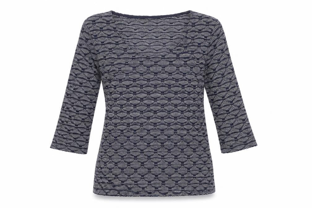 Front view of Per Una women’s blue geometric polyester basic t-shirt, size UK 12, boat neck