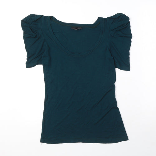 Warehouse Womens Blue Viscose Basic T-Shirt Size 12 Scoop Neck - Ruched Sleeves
