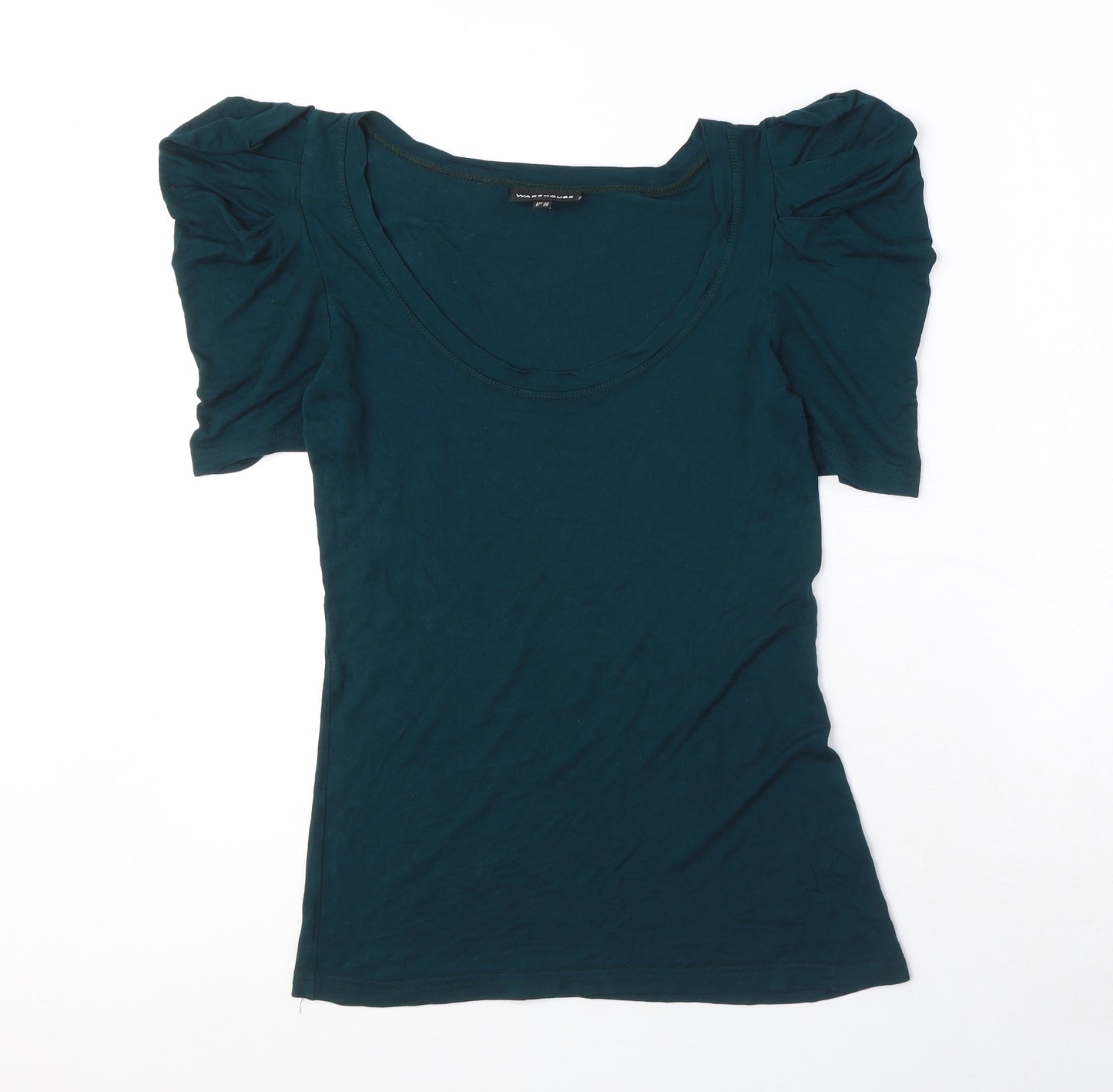 Warehouse Womens Blue Viscose Basic T-Shirt Size 12 Scoop Neck - Ruched Sleeves