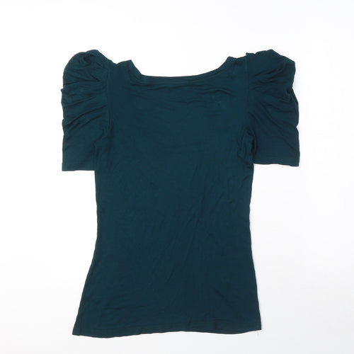 Warehouse Womens Blue Viscose Basic T-Shirt Size 12 Scoop Neck - Ruched Sleeves