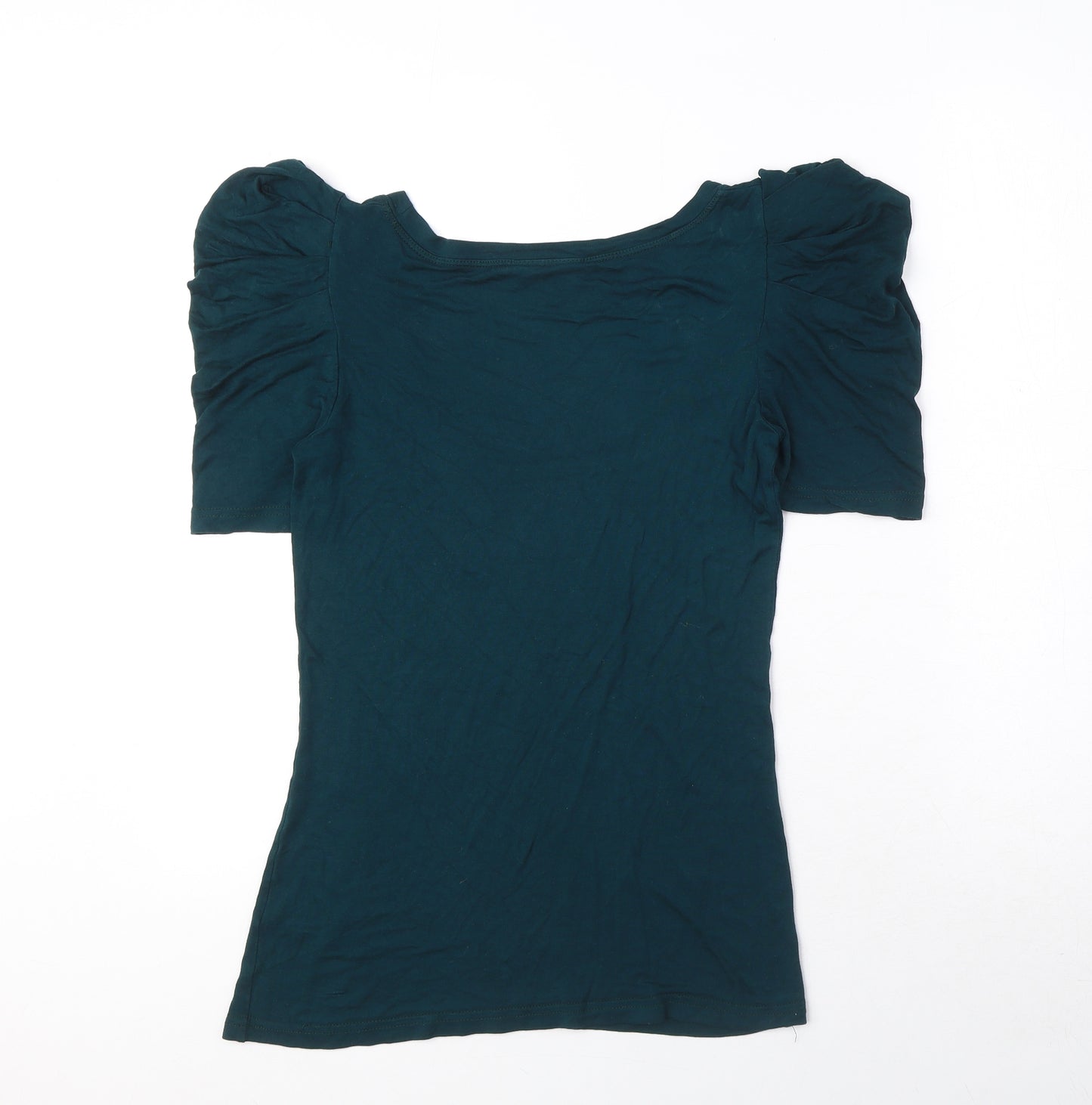 Warehouse Womens Blue Viscose Basic T-Shirt Size 12 Scoop Neck - Ruched Sleeves