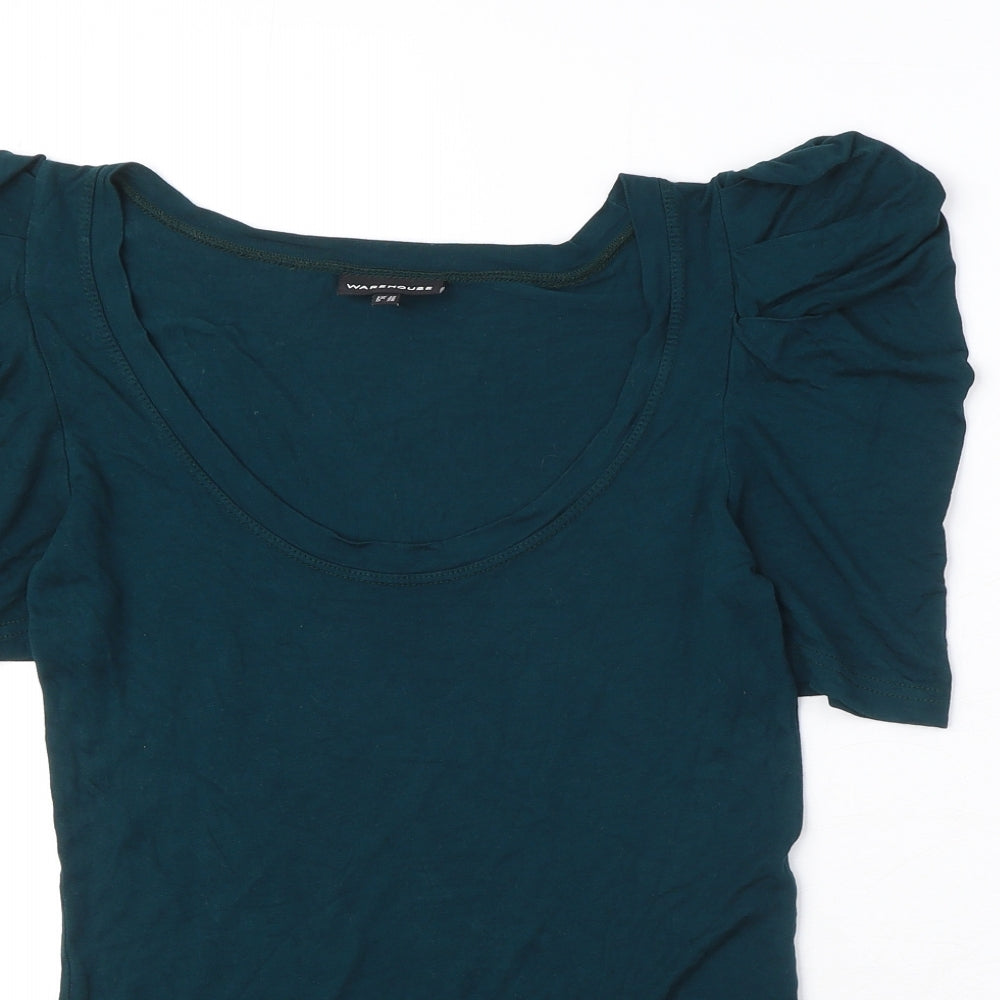 Warehouse Womens Blue Viscose Basic T-Shirt Size 12 Scoop Neck - Ruched Sleeves