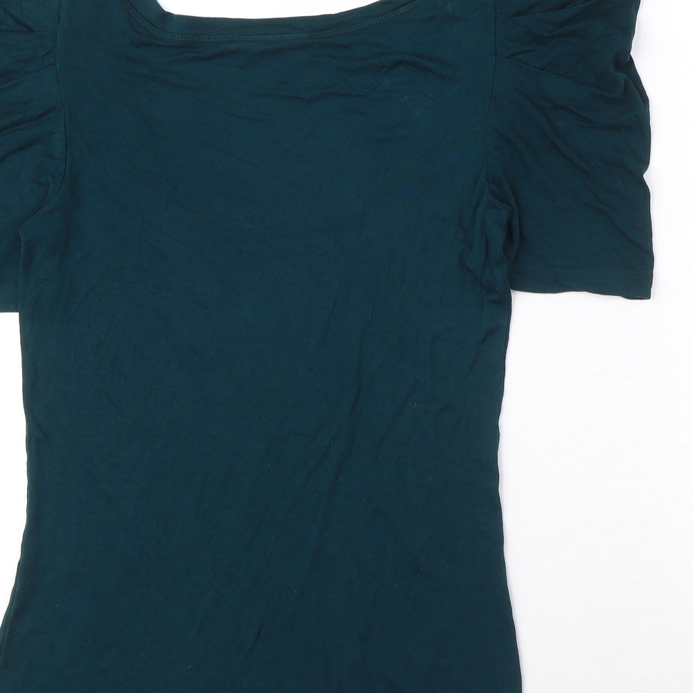 Warehouse Womens Blue Viscose Basic T-Shirt Size 12 Scoop Neck - Ruched Sleeves