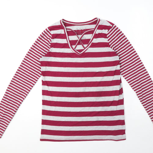 Poof Womens Red Striped Cotton Basic T-Shirt Size M V-Neck