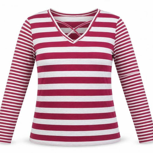Poof Womens Red Striped Cotton Basic T-Shirt Size M V-Neck