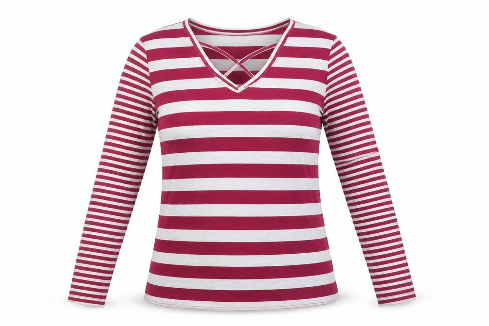 Poof Womens Red Striped Cotton Basic T-Shirt Size M V-Neck