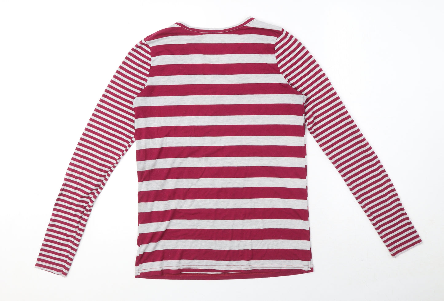 Poof Womens Red Striped Cotton Basic T-Shirt Size M V-Neck
