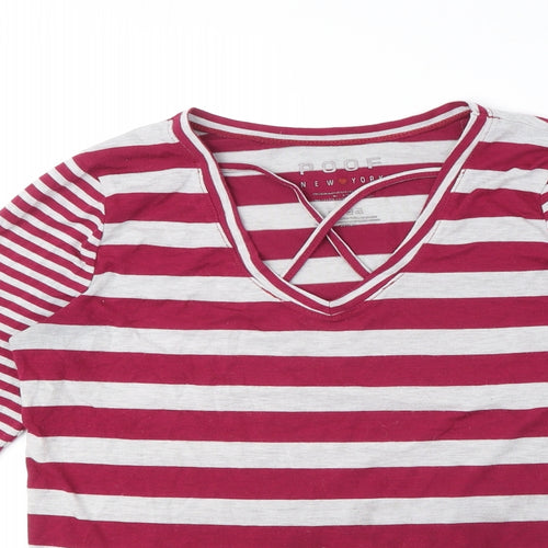 Poof Womens Red Striped Cotton Basic T-Shirt Size M V-Neck