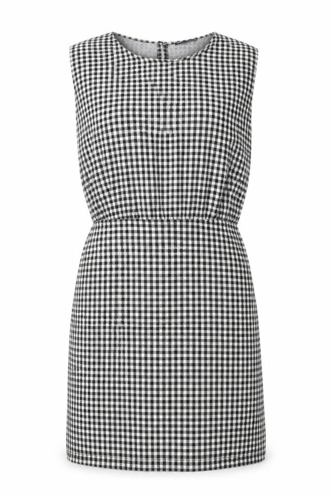 Front view of Zara women’s black gingham polyester a-line, size S, crew neck button