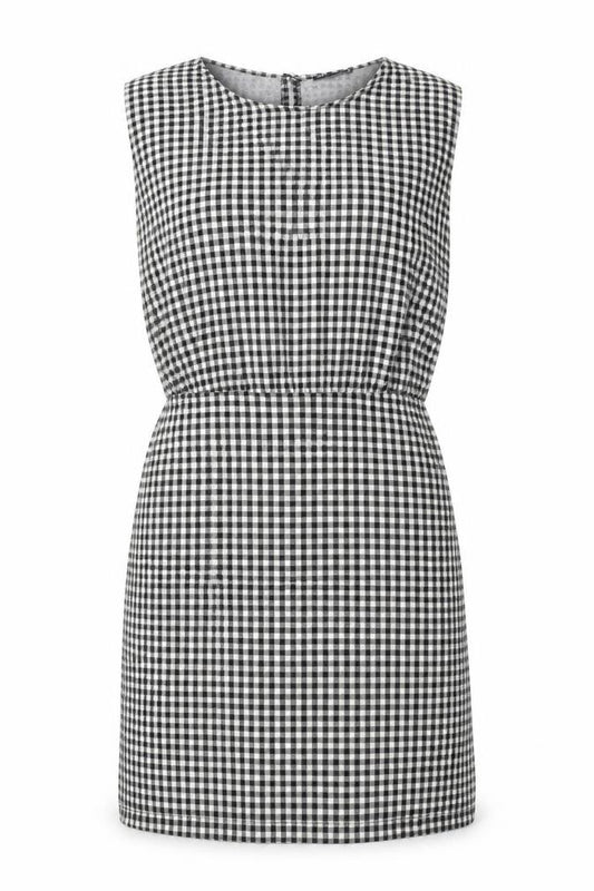 Front view of Zara women’s black gingham polyester a-line, size S, crew neck button
