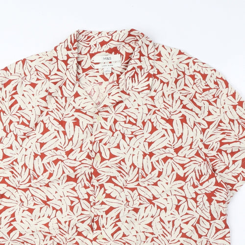 Marks and Spencer Mens Beige Floral Linen Button-Up Size L Collared - Leaf Print