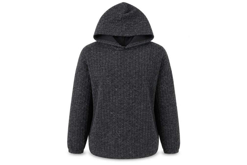 Front view of I SAW IT FIRST women’s grey polyester pullover hoodie, size UK 10, pullover