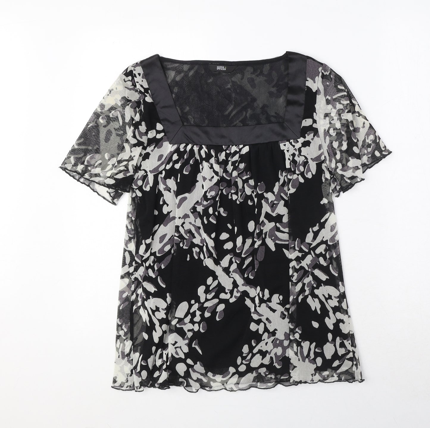 Marks and Spencer Womens Black Geometric Polyester Basic Blouse Size 12 Square Neck