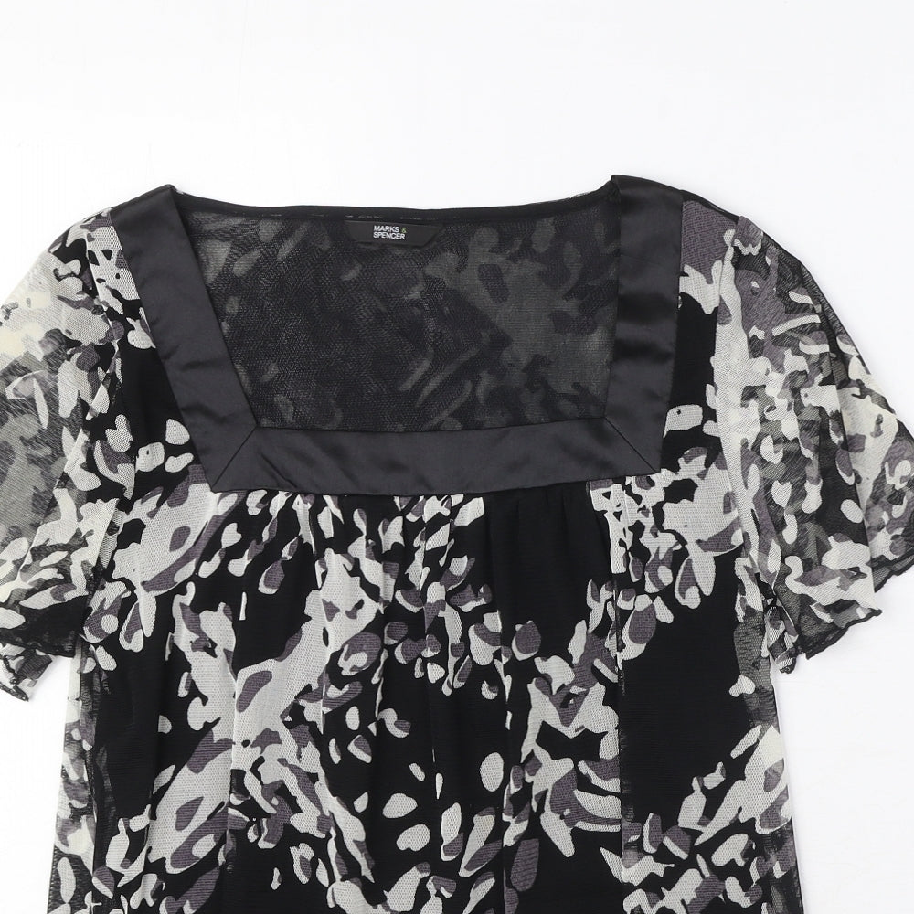 Marks and Spencer Womens Black Geometric Polyester Basic Blouse Size 12 Square Neck