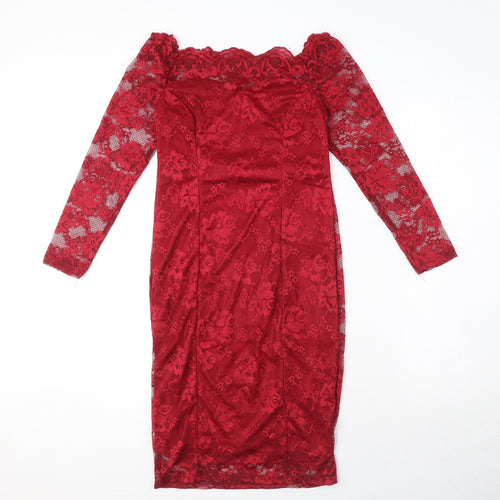 Auxo Womens Red Floral Polyester Pencil Dress Size S Boat Neck Zip