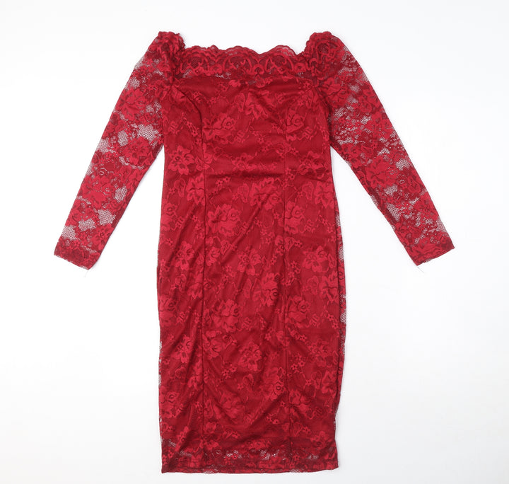 Auxo Womens Red Floral Polyester Pencil Dress Size S Boat Neck Zip