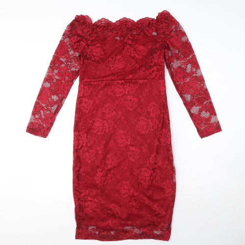 Auxo Womens Red Floral Polyester Pencil Dress Size S Boat Neck Zip