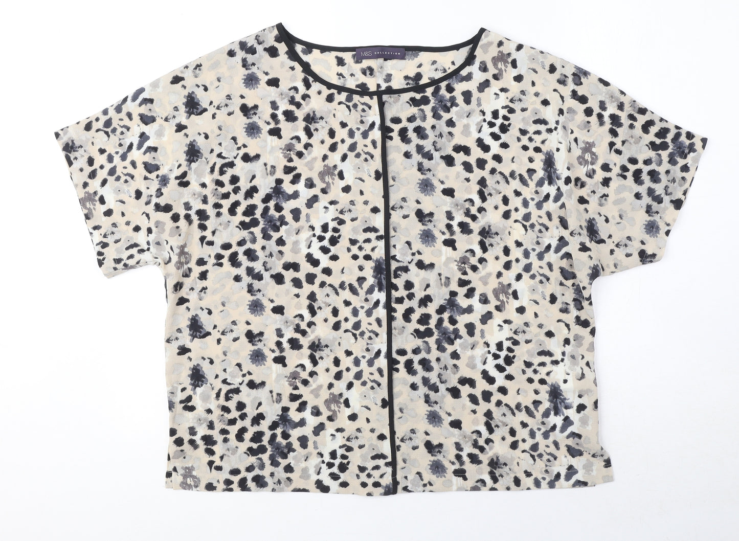 Marks and Spencer Womens Beige Animal Print Polyester Basic Blouse Size 14 Round Neck