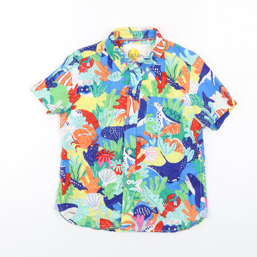 Boden Boys Multicoloured Geometric Linen Basic Button-Up Size 5-6 Years Collared Button - Sea Life