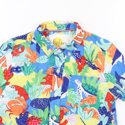 Boden Boys Multicoloured Geometric Linen Basic Button-Up Size 5-6 Years Collared Button - Sea Life