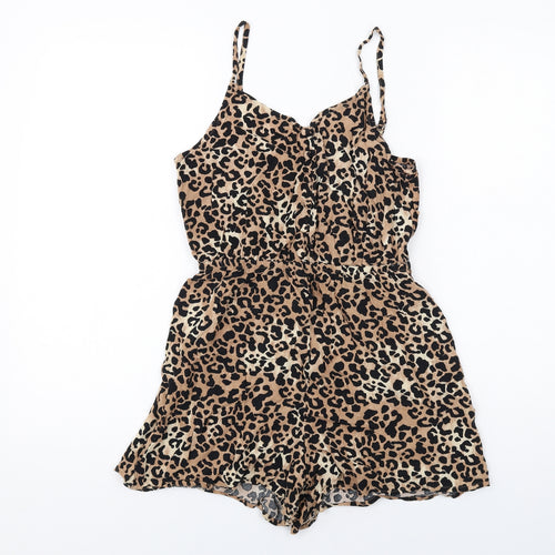 New Look Womens Brown Animal Print Viscose Playsuit One-Piece Size 12 Pullover - Leopard Print