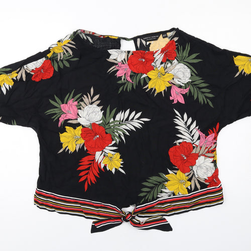 Dorothy Perkins Womens Black Floral Viscose Basic Blouse Size 14 Round Neck - Knot Front
