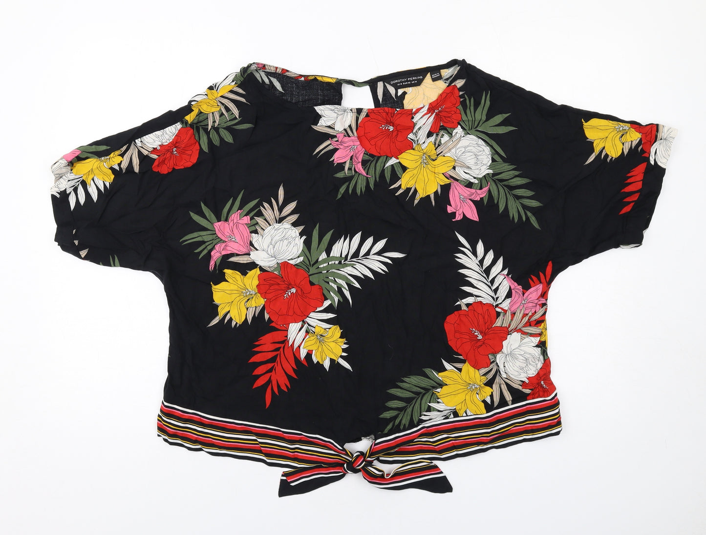 Dorothy Perkins Womens Black Floral Viscose Basic Blouse Size 14 Round Neck - Knot Front