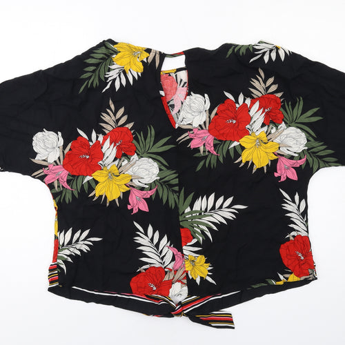 Dorothy Perkins Womens Black Floral Viscose Basic Blouse Size 14 Round Neck - Knot Front
