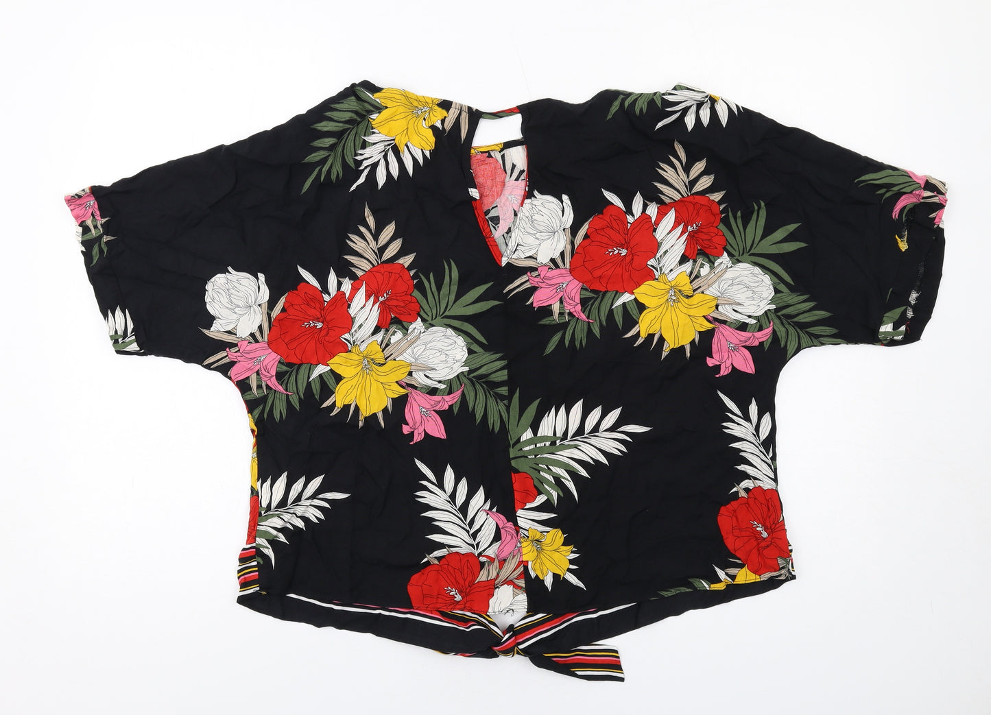 Dorothy Perkins Womens Black Floral Viscose Basic Blouse Size 14 Round Neck - Knot Front