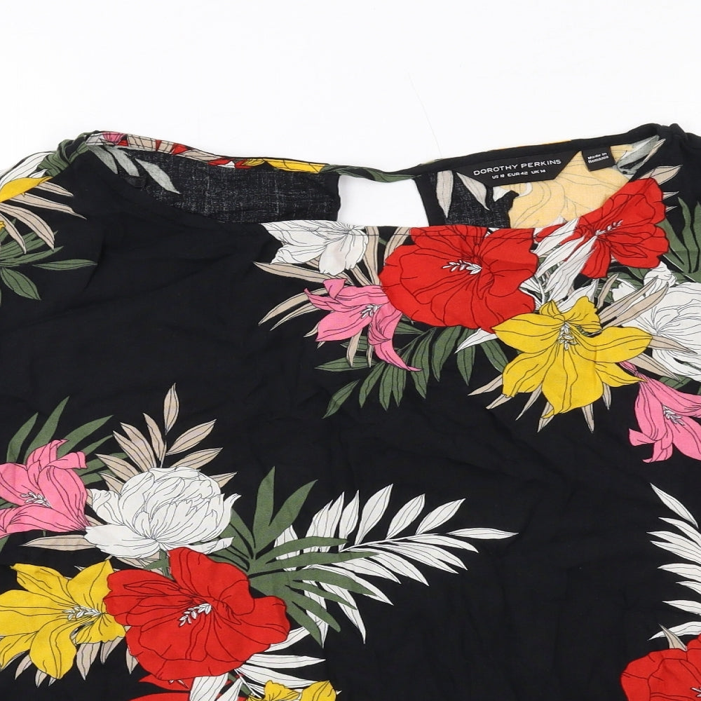 Dorothy Perkins Womens Black Floral Viscose Basic Blouse Size 14 Round Neck - Knot Front