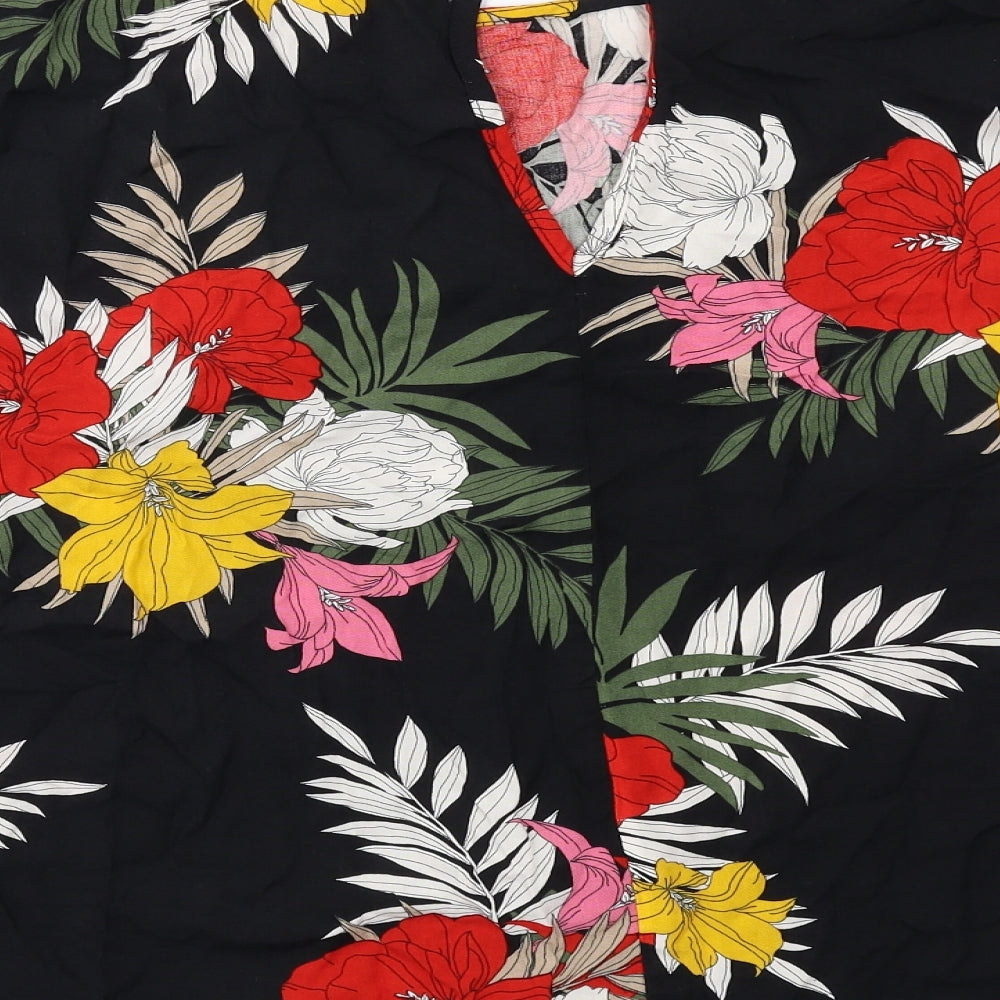 Dorothy Perkins Womens Black Floral Viscose Basic Blouse Size 14 Round Neck - Knot Front