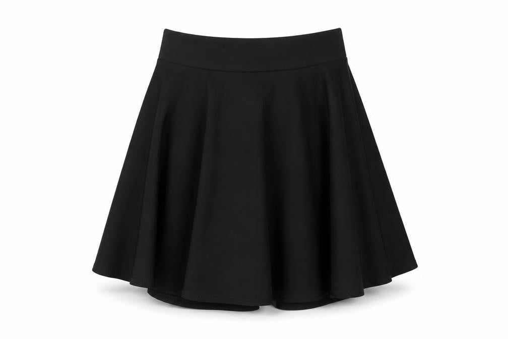 Front view of Pilot women’s black polyester swing skirt, size UK 8