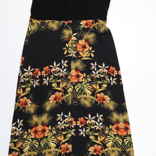 Cleo Womens Black Floral Polyester Tank Dress Size 14 Round Neck Pullover